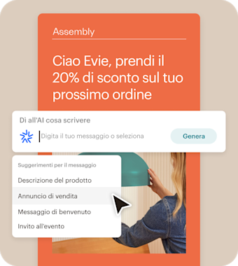 Interfaccia utente semplificata di Mailchimp che dimostra la creazione di contenuti con l'AI. Un'azienda può fornire un prompt personalizzato o scegliere da una serie di suggerimenti per generare un titolo come "Ehi Evie, risparmia il 20% sul tuo prossimo ordine!" Le opzioni includono: descrizione del prodotto, annuncio di vendita, messaggio di benvenuto e invito all'evento.