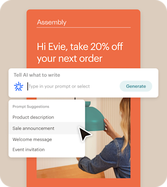 Simplified Mailchimp user interface demonstrating AI content creation. A business may provide a custom prompt or choose from a series of suggestions to generate a headline like “Hey Evie, take 20% off your next order!” The options include: Product description, sales announcement, welcome message, and event invitation. 