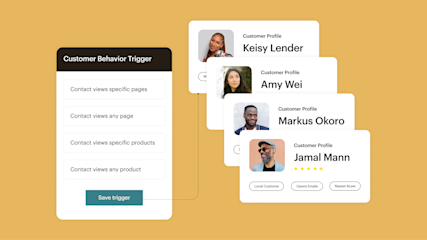 Mailchimp interface showing customer behavior triggers and profiles.