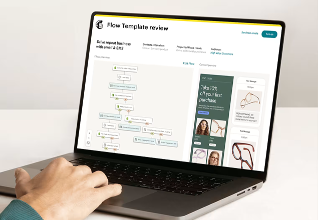 Laptop screen displaying a flow template review interface with branching diagram and promotional content layout