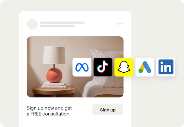 Social media advertisement showing bedroom scene with orange table lamp and books, featuring Meta, TikTok, Snapchat, Google Ads, and LinkedIn icons