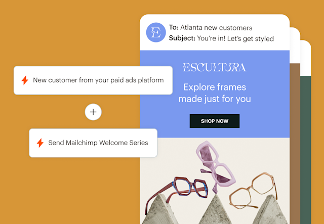 Mailchimp email flows using Zapier to trigger eyewear promos for new and repeat customers based on shared app data.