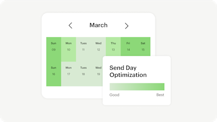 Image showing floating Abstract User Interface of a calendar and Send Day Optimization graphic. The visual demonstrates how users can send campaigns at the predicted best days and times for engagement.