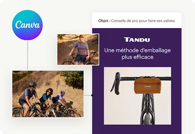 Maquette d'e-mail montrant des cyclistes et une sacoche de rangement sur un guidon de vélo, avec un logo Canva.

