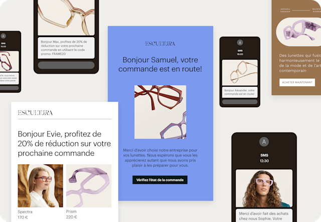 Image de diverses interfaces e-mail et SMS abstraites de la marque fictive Escultura. Le visuel montre comment les entreprises peuvent accueillir les nouveaux contacts et récupérer les paniers abandonnés, grâce à des automatisations générées par IA et des e-mails prédéfinis.