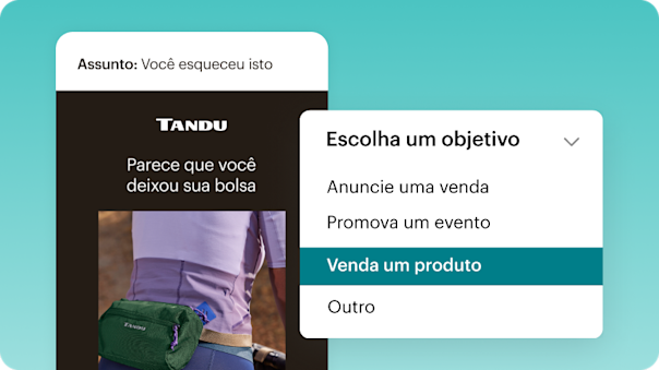 Um exemplo de criação de conteúdo com IA. Aqui, uma empresa pode selecionar qualquer objetivo de marketing, como anunciar uma promoção, promover um evento, vender um produto, entre outros, e pedir à IA do Mailchimp que sugira um e-mail completo para alcançá-lo.