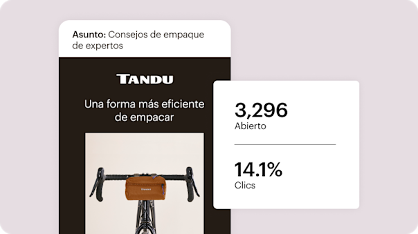 Un ejemplo abstracto de un correo electrónico de Mailchimp, junto con estadísticas fáciles de comprender que desglosan el número total de veces que se abrió y el porcentaje de clics.
